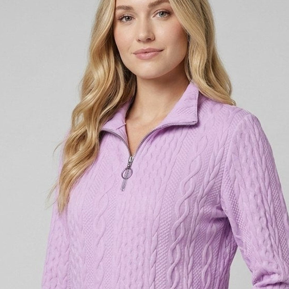 Cable knit half-zip jumper lilac close-up