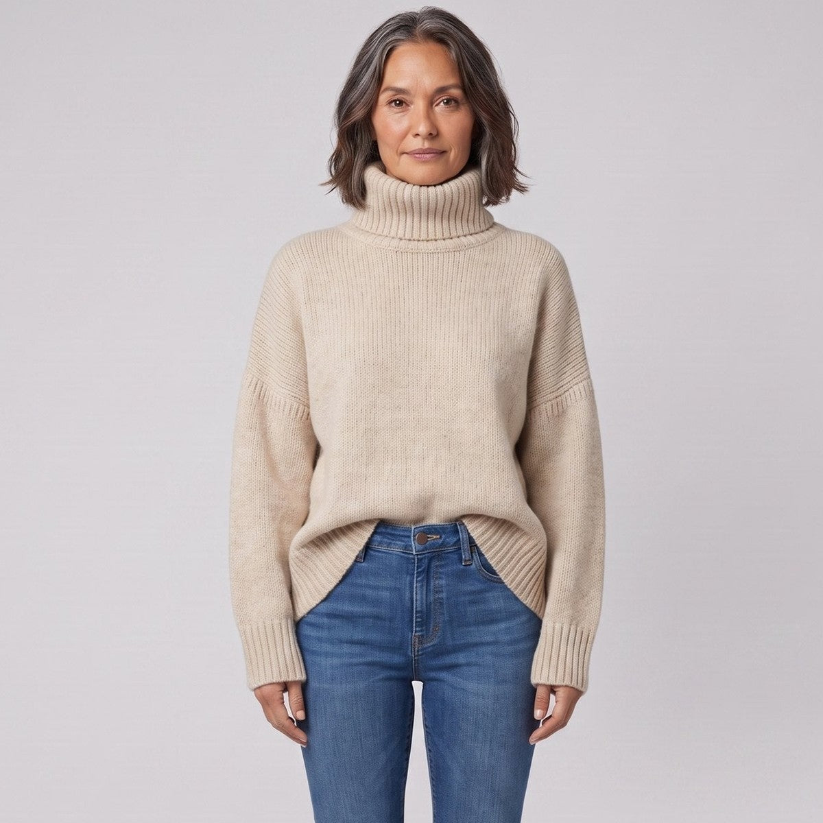 Roll neck jumper oatmeal longline close-up