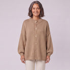 Oversized button-front cardigan camel close-up