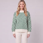 Lattice knit jumper cream and green close-up