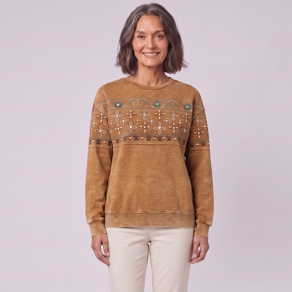 Printed sweatshirt caramel folk border close-up