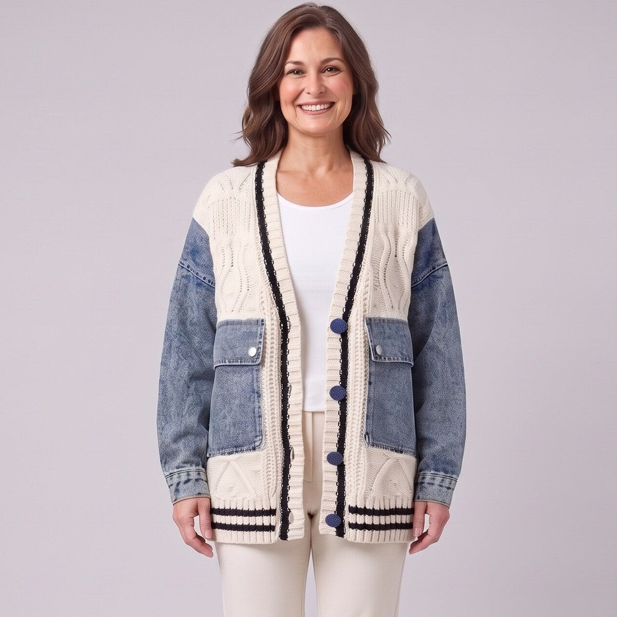 Cable knit cardigan with denim sleeves close-up