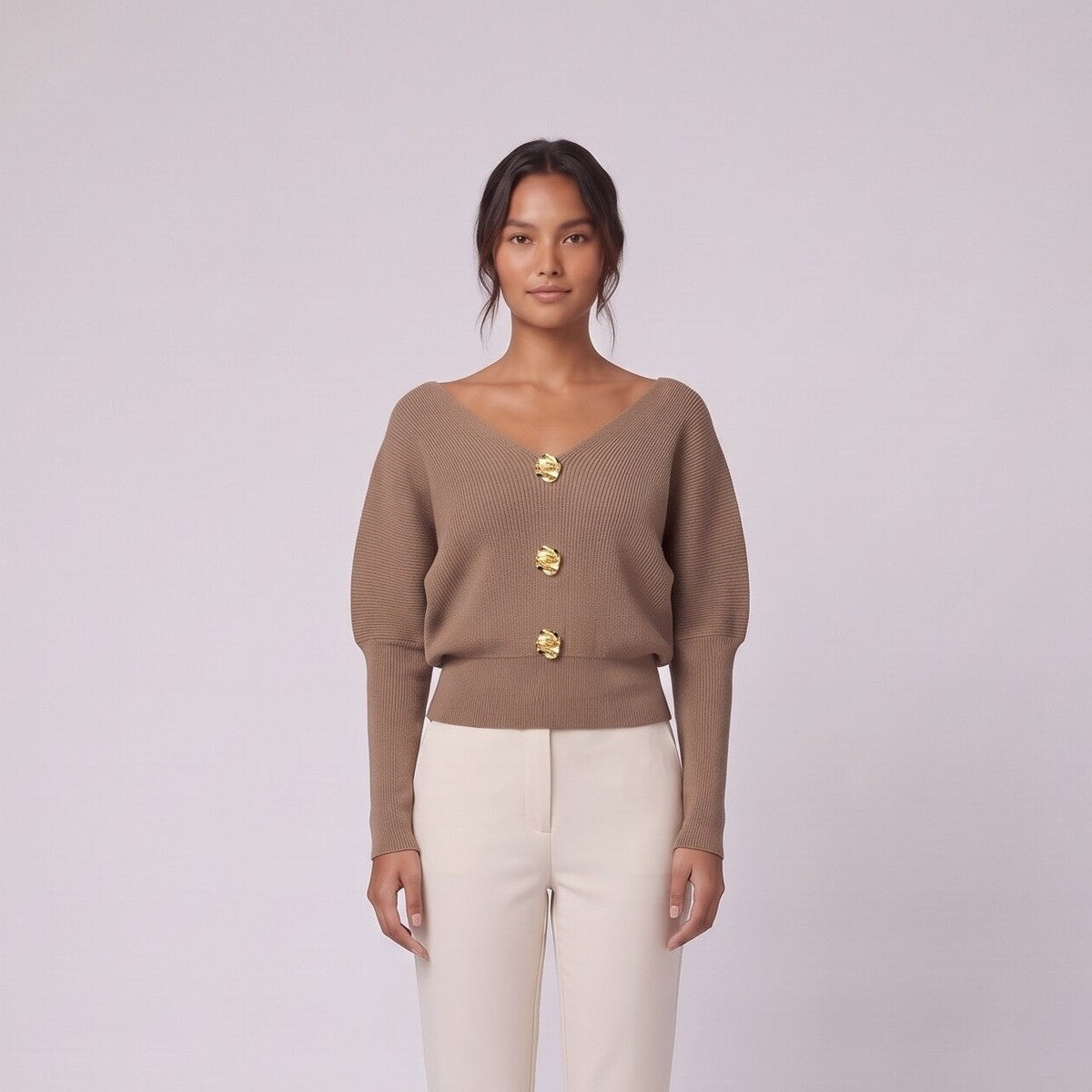 Boat neck jumper taupe with gold buttons close-up