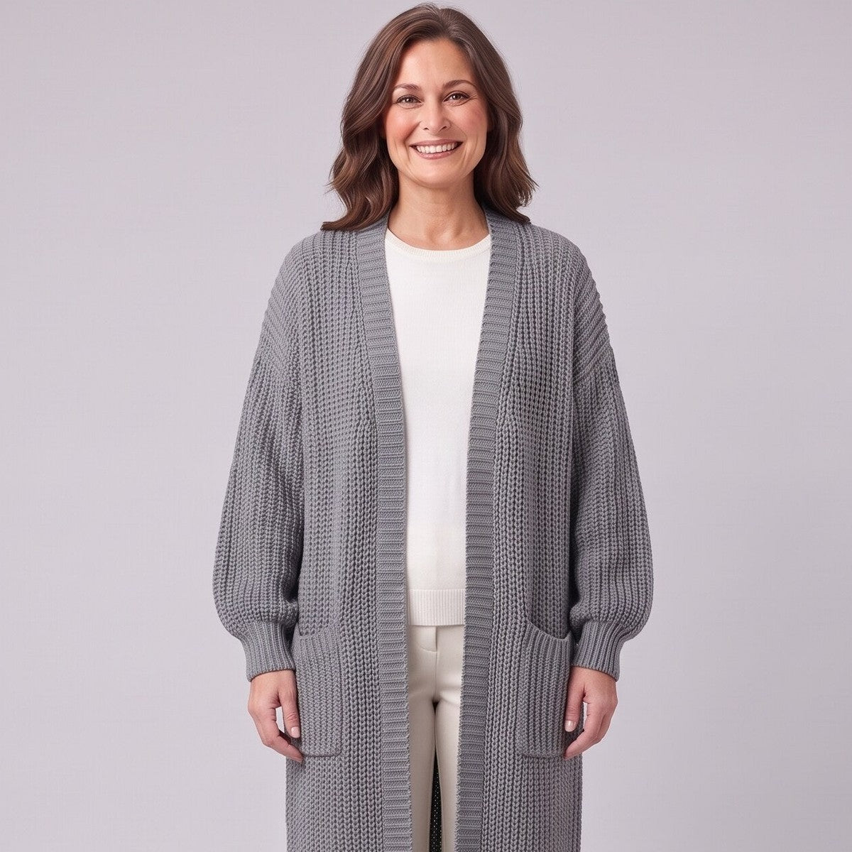 Longline chunky rib cardigan grey close-up