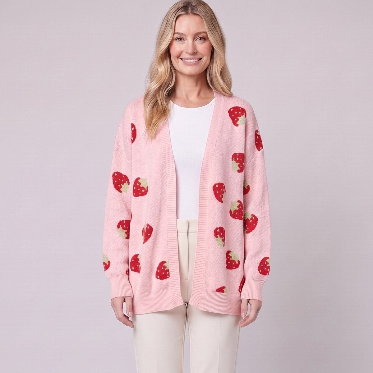 Strawberry motif open-front cardigan pink close-up