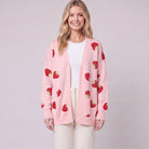 Strawberry motif open-front cardigan pink close-up
