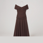 Caden off-shoulder midi dress in brown, flat lay product shot