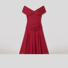 Caden off-shoulder midi dress in red, flat lay product shot