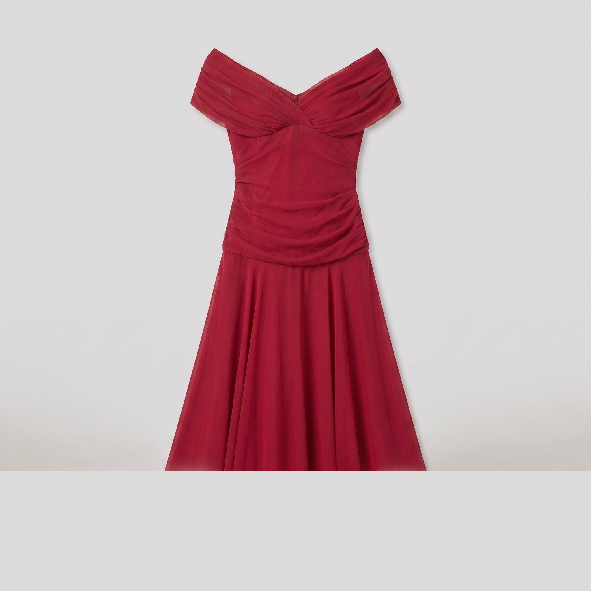 Caden off-shoulder midi dress in red, flat lay product shot