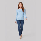 Clara off-shoulder knit top in light blue on model