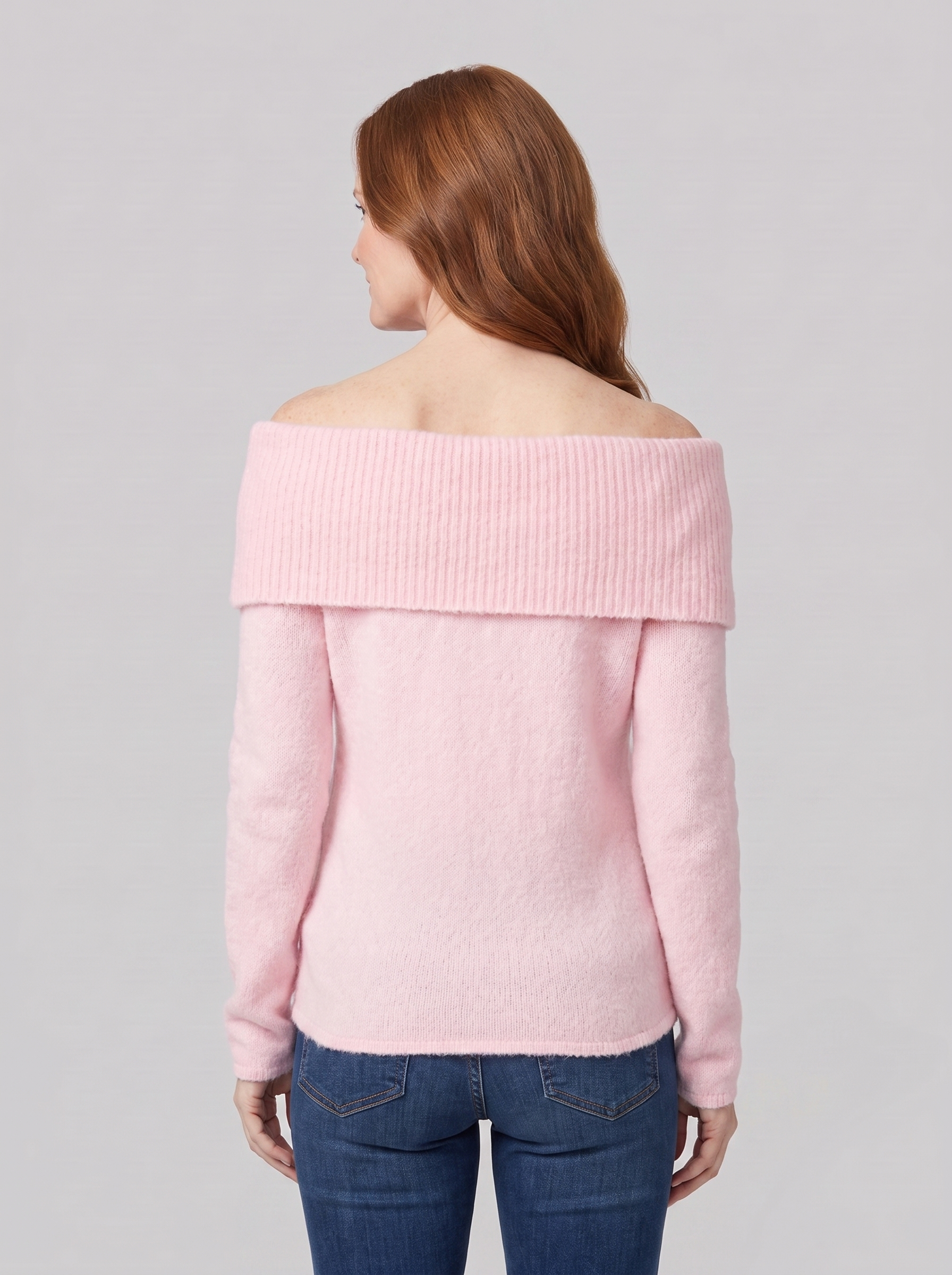 Clara off-shoulder knit top in pink, back view on model