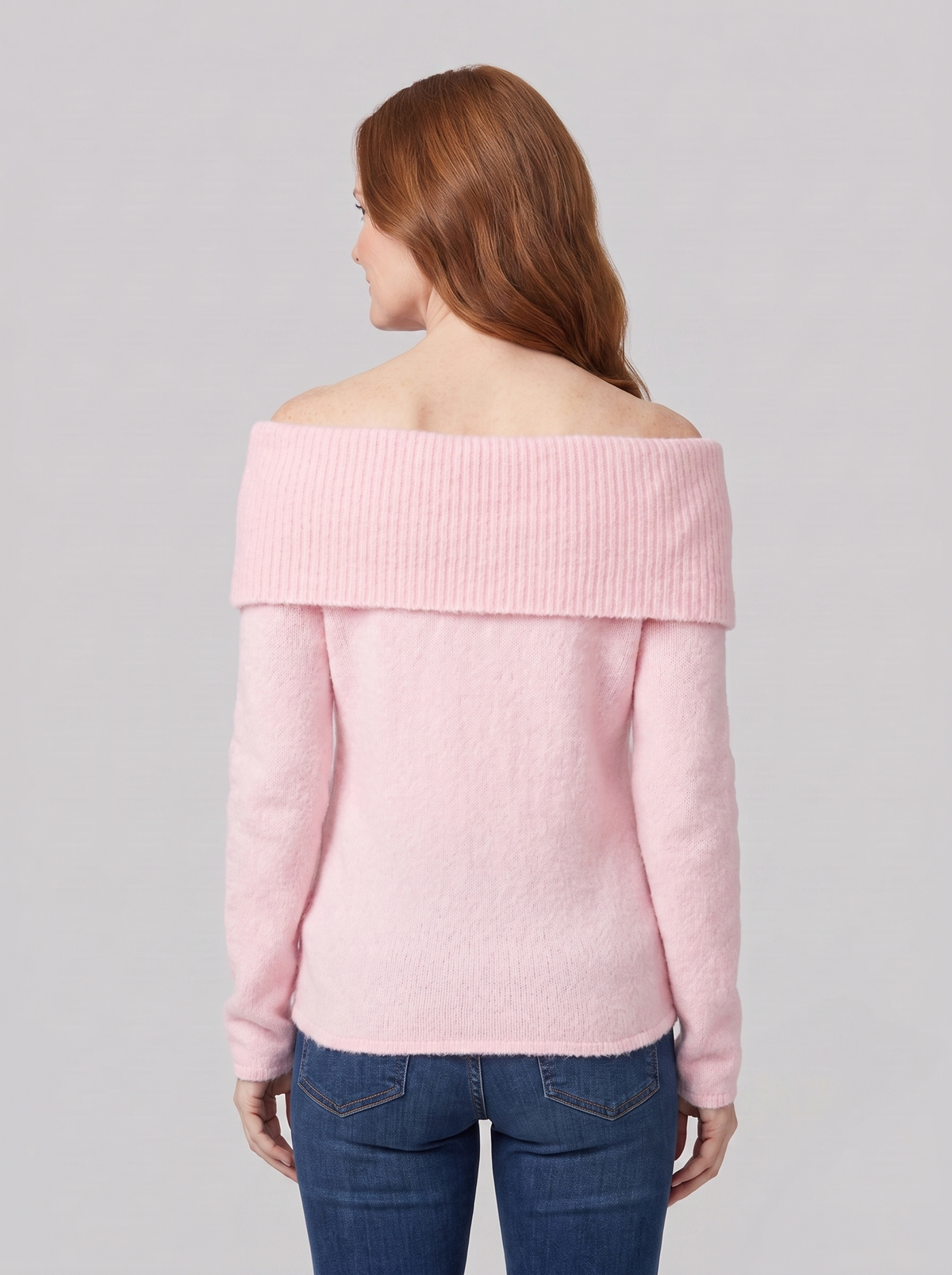 Clara off-shoulder knit top in pink, back view on model