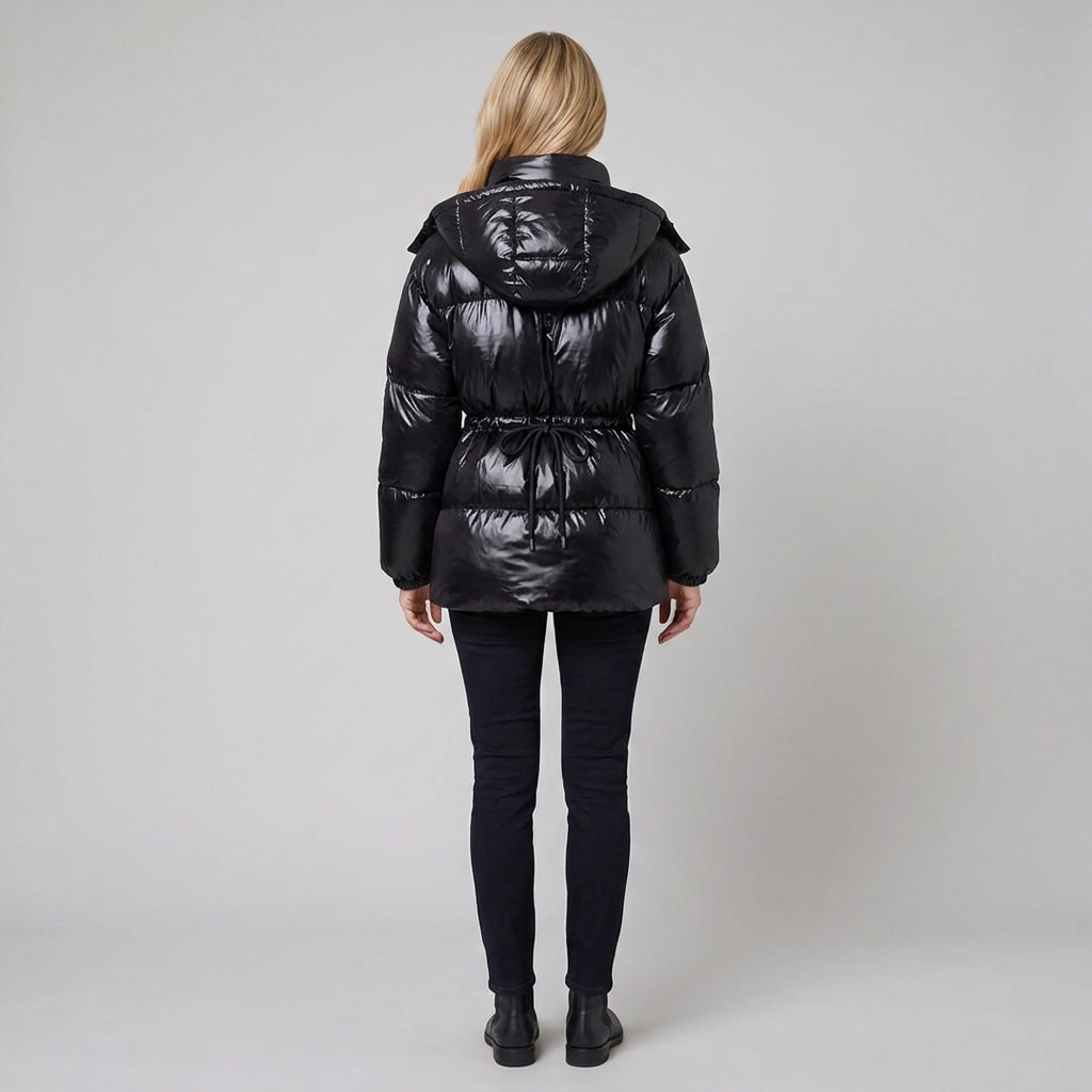 Cleo glossy quilted puffer jacket in black, back view on model