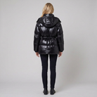 Cleo glossy quilted puffer jacket in black, back view on model