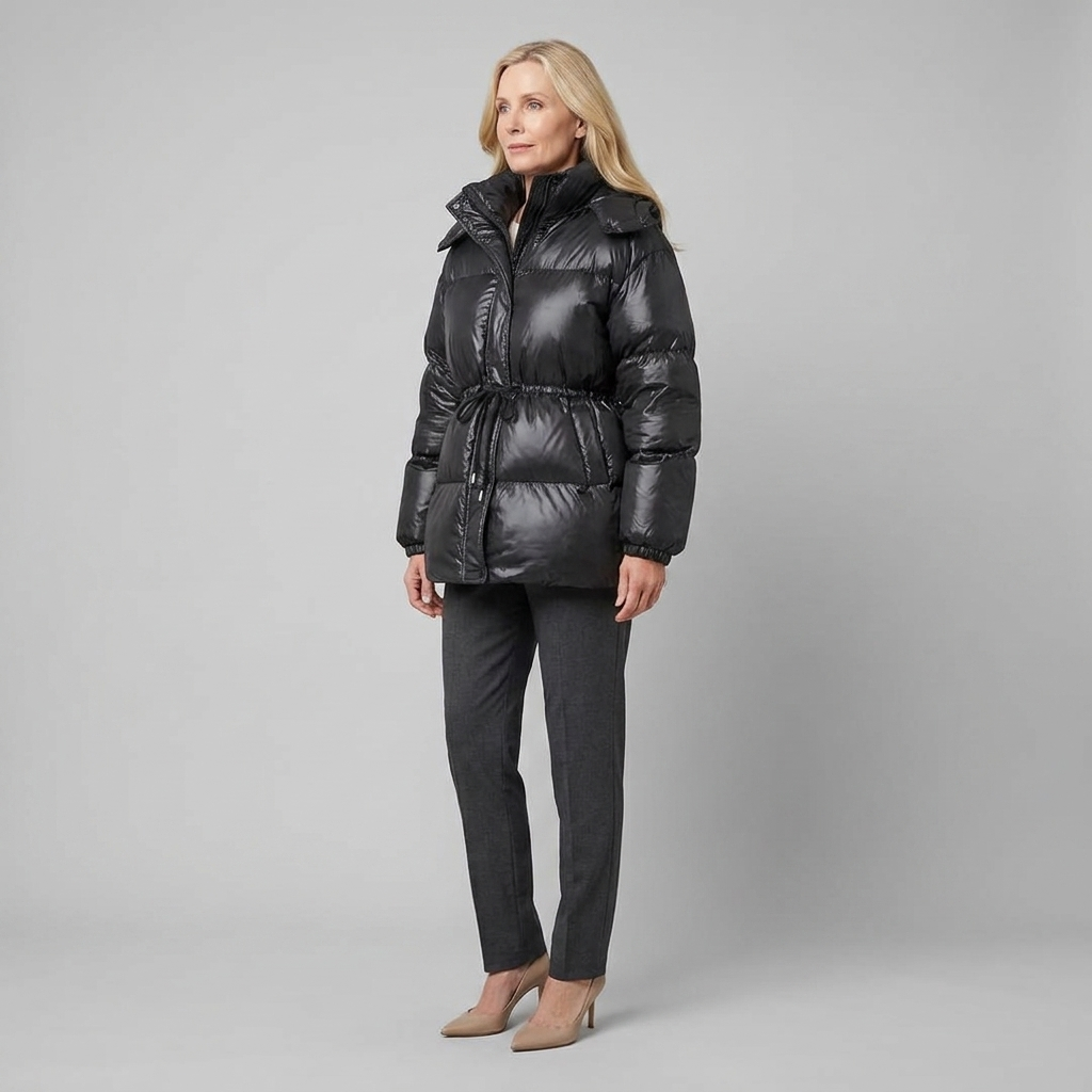 Cleo glossy quilted puffer jacket in black, side view on model
