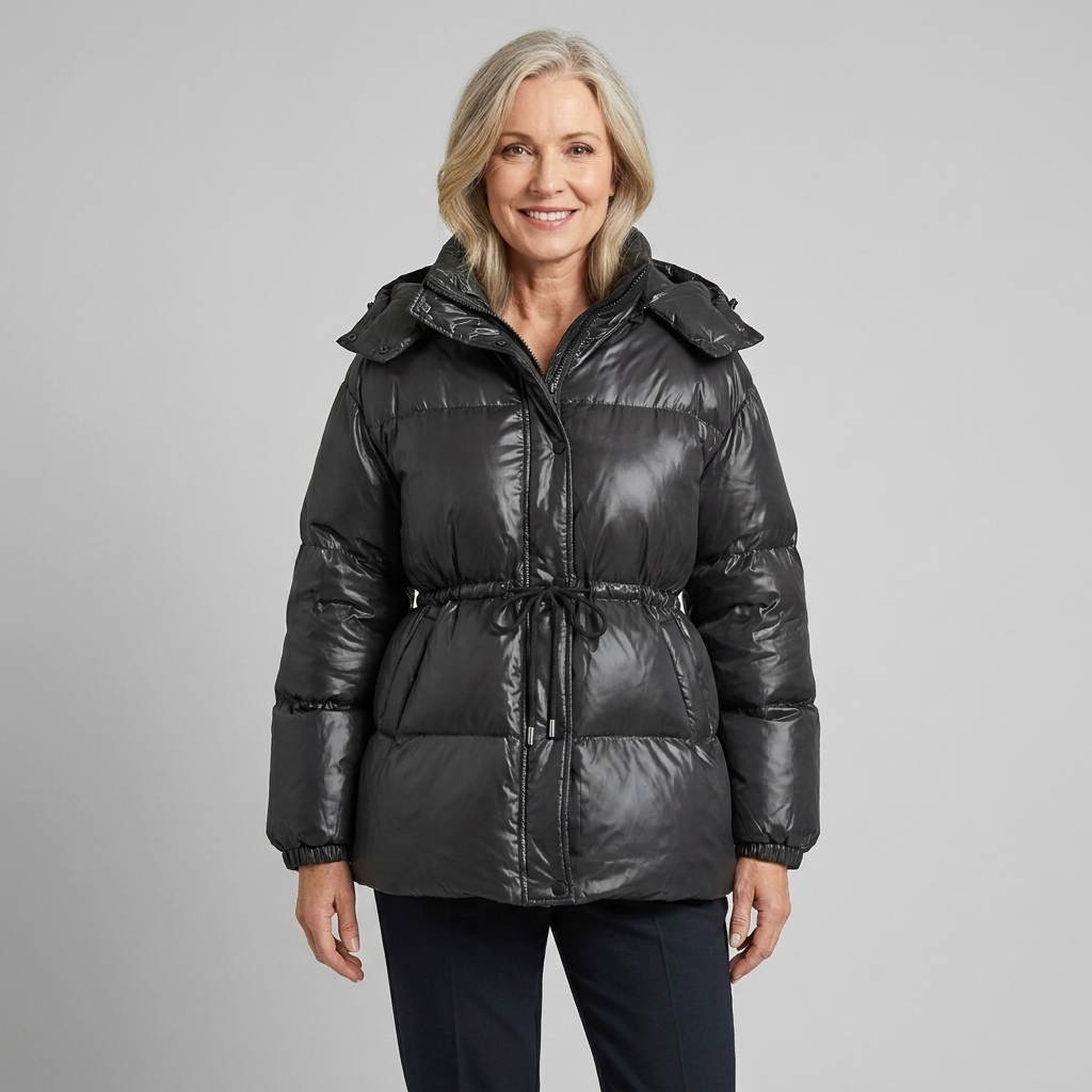 Cleo glossy quilted hooded puffer jacket in black on model
