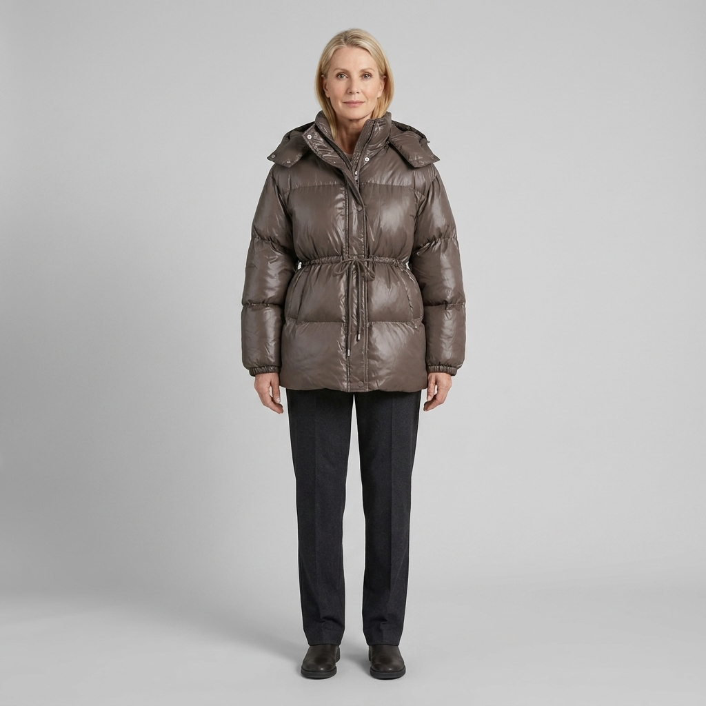 Cleo glossy quilted hooded puffer jacket in brown on model