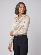 Dalia draped cowl-neck blouse in champagne on model