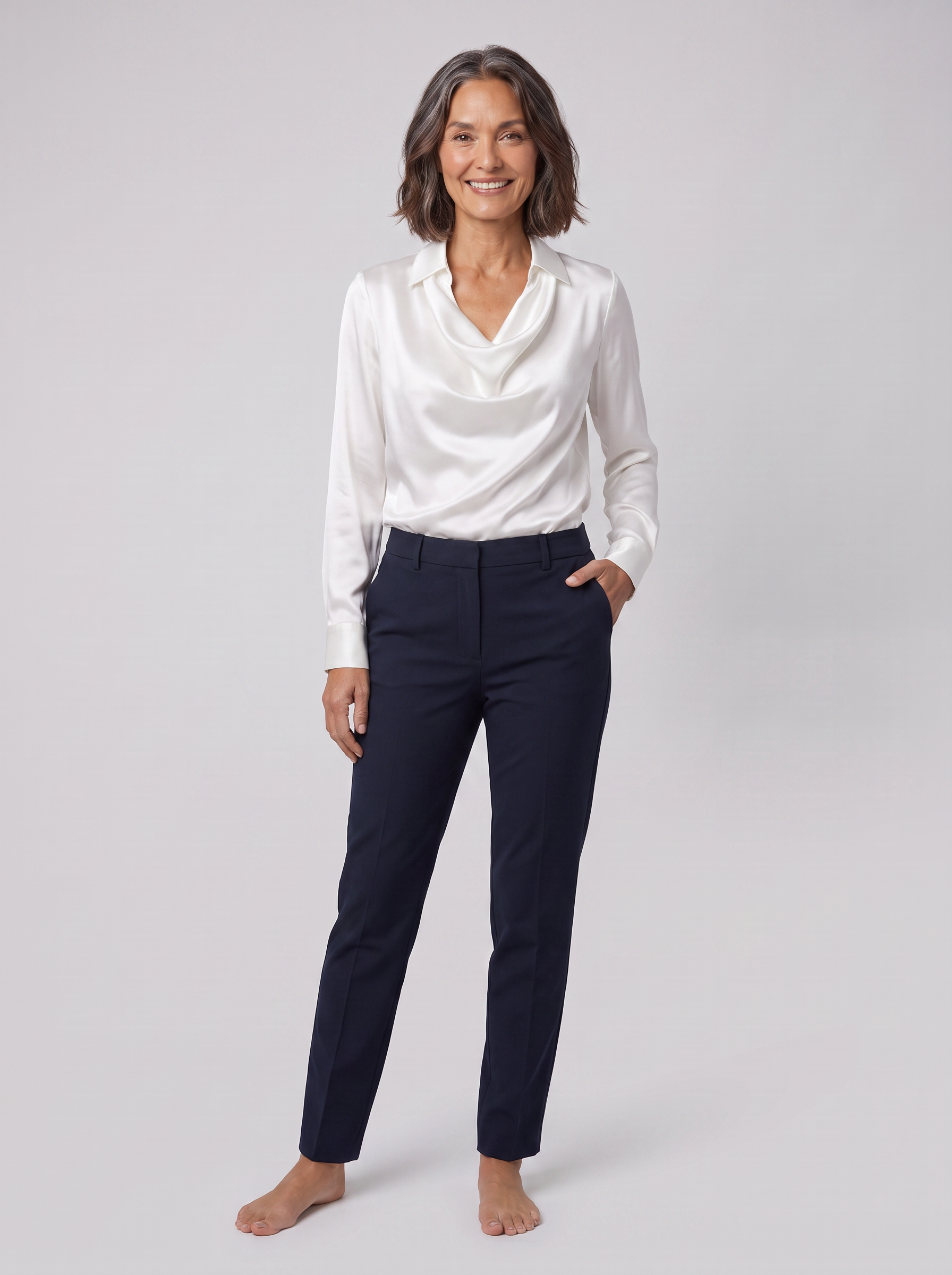 Dalia draped cowl-neck blouse in ivory on model