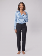 Dalia draped cowl-neck blouse in light blue on model