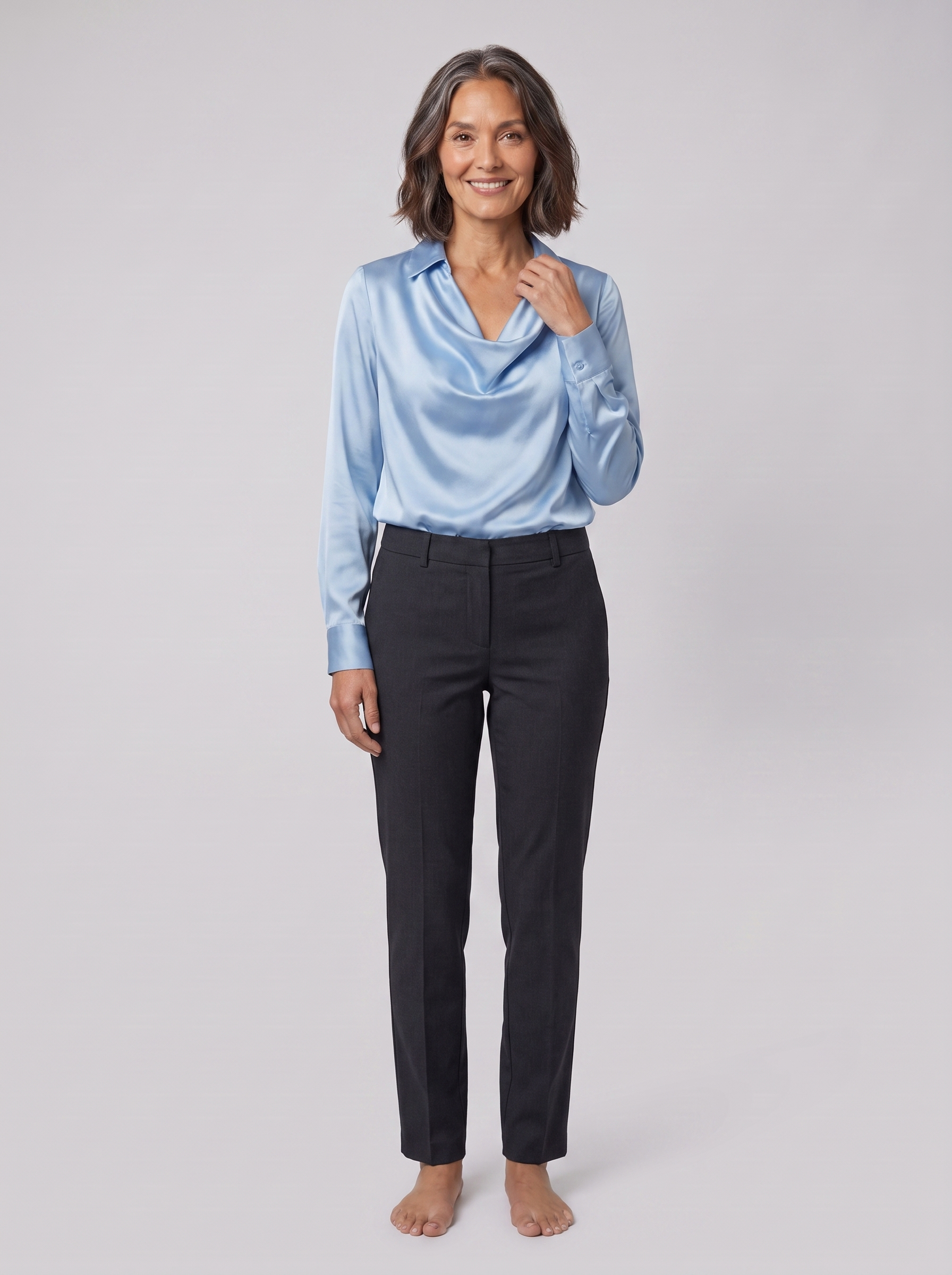 Dalia draped cowl-neck blouse in light blue on model