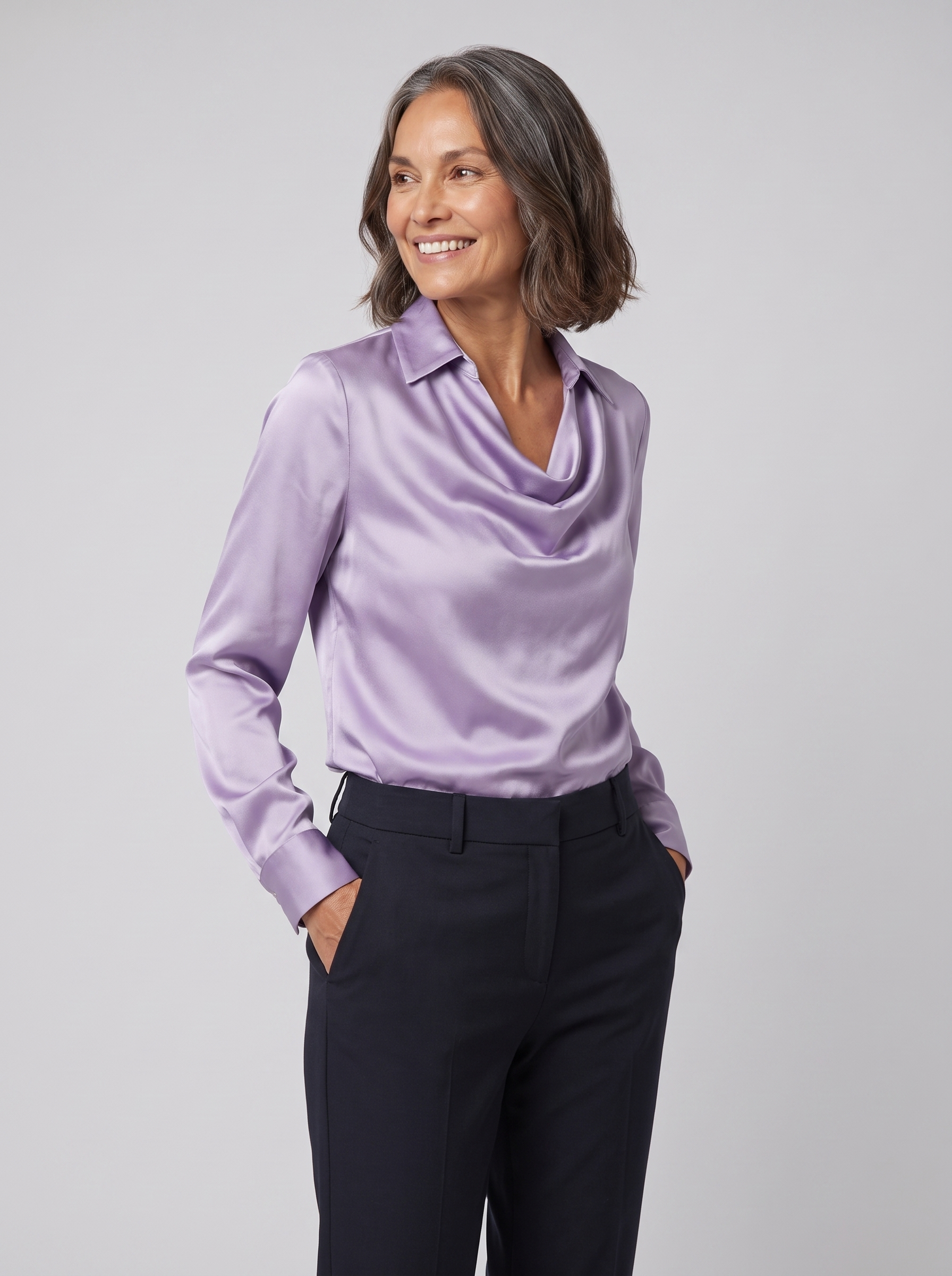 Dalia draped cowl-neck blouse in lilac on model