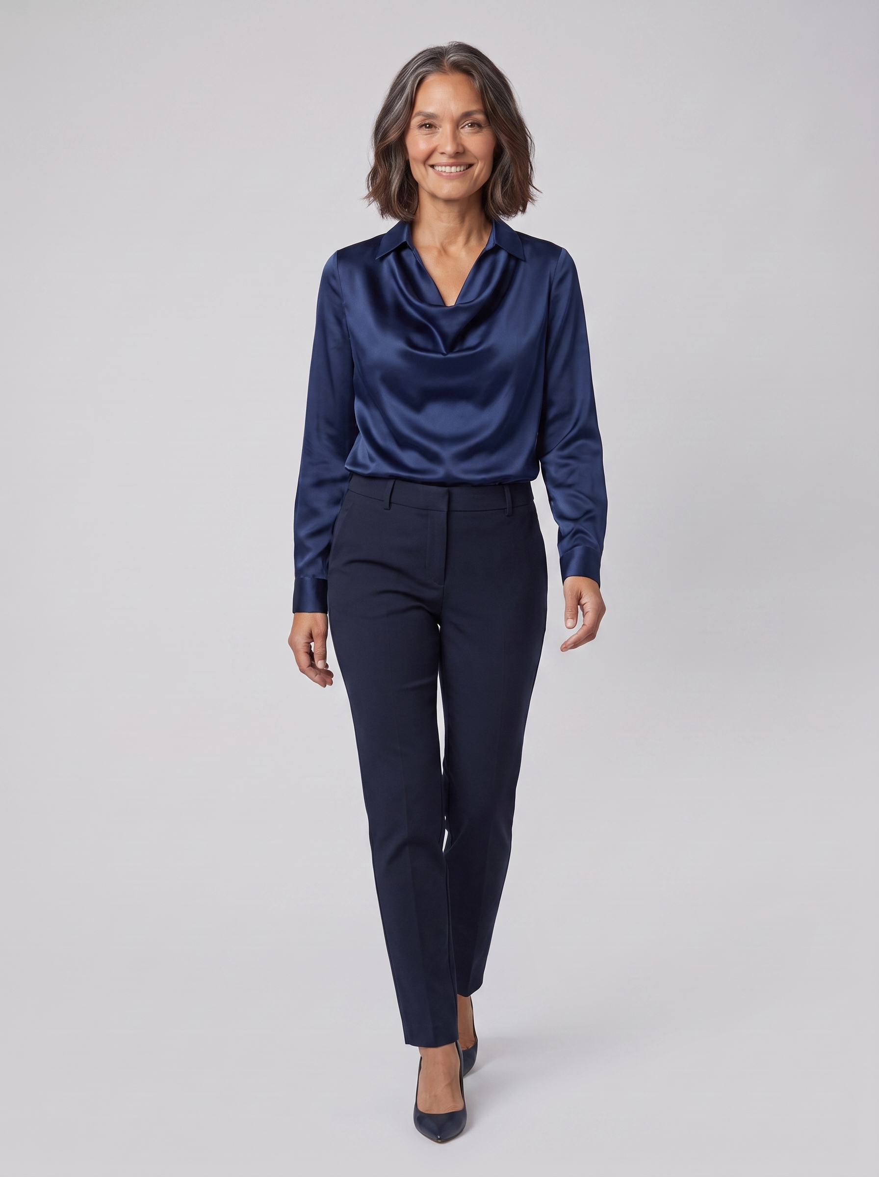 Dalia draped cowl-neck blouse in navy on model