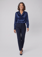 Dalia draped cowl-neck blouse in navy on model