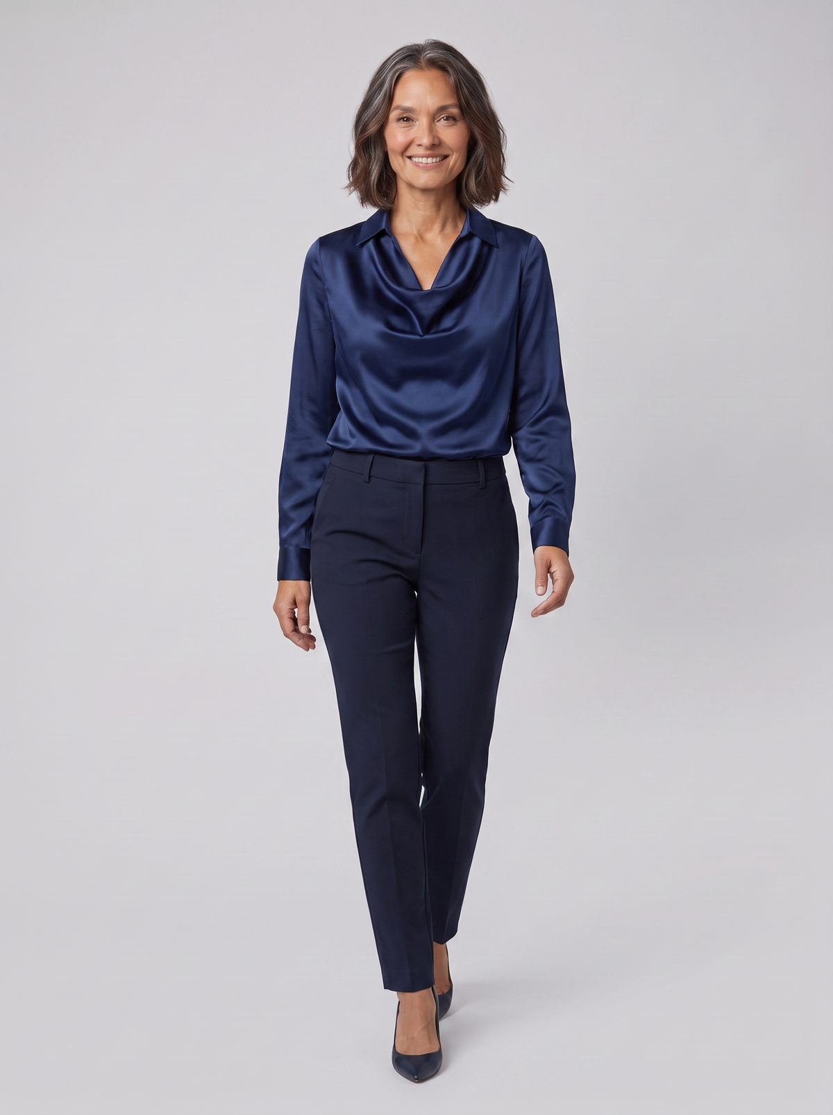 Dalia draped cowl-neck blouse in navy on model