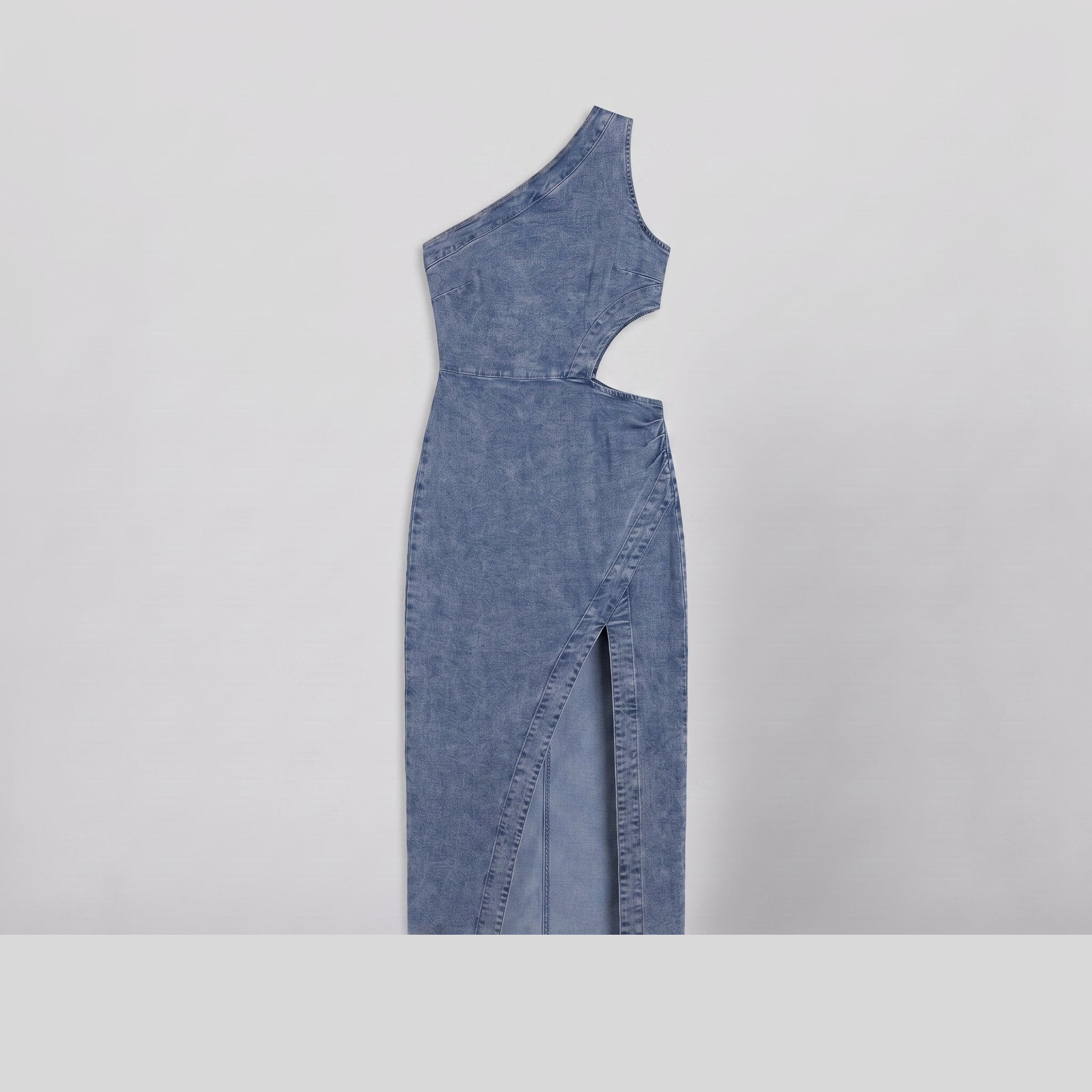 Dazzle one-shoulder cut-out denim midi dress, flat lay product shot