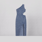 Dazzle one-shoulder cut-out denim midi dress, flat lay product shot
