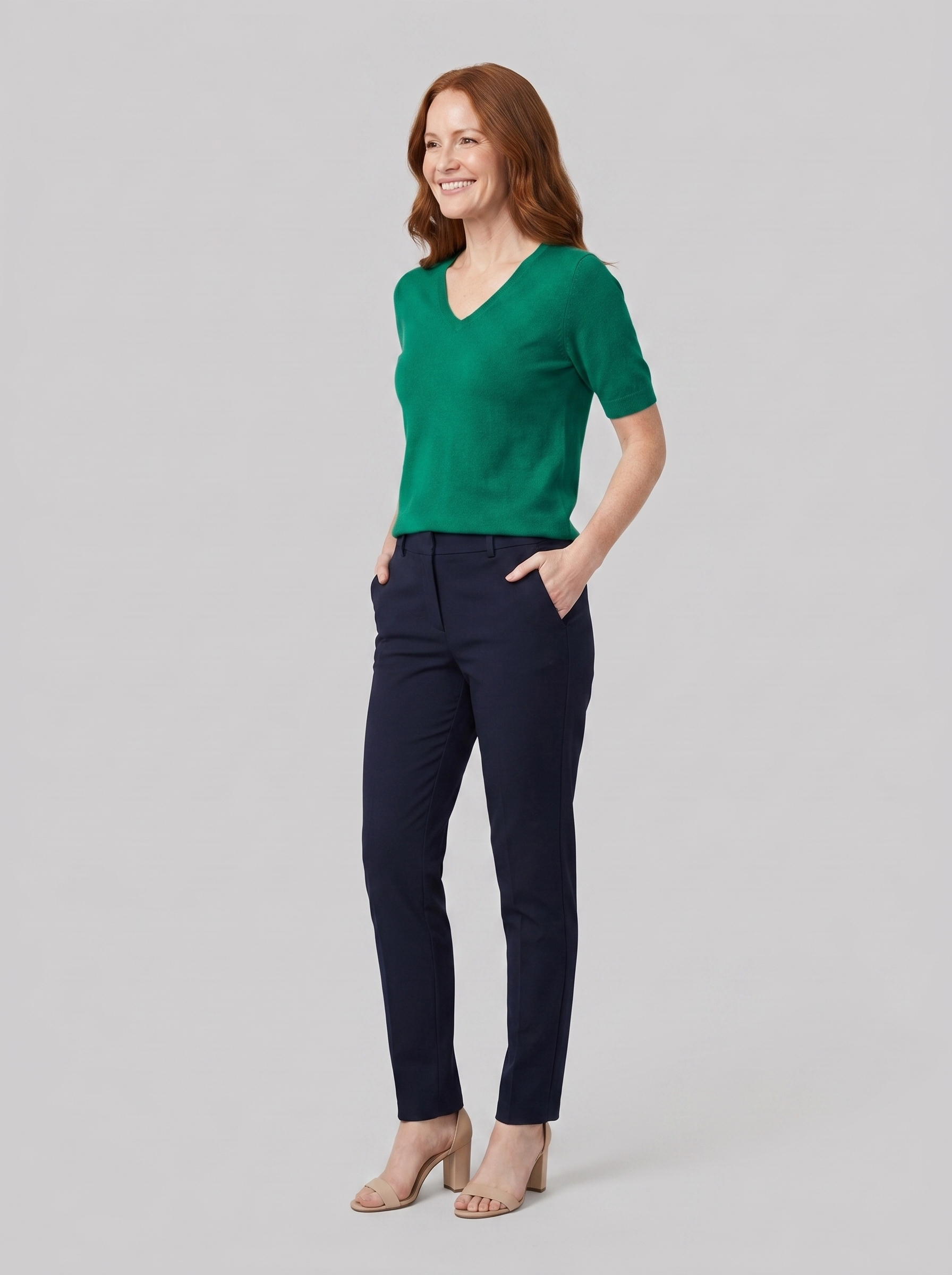 Elysia wool-blend V-neck knit top in green on model