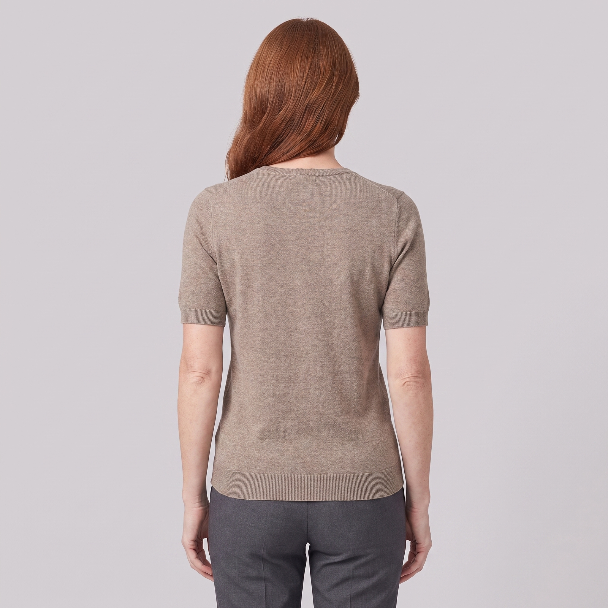 Elysia V-neck knit top in taupe, back view on model