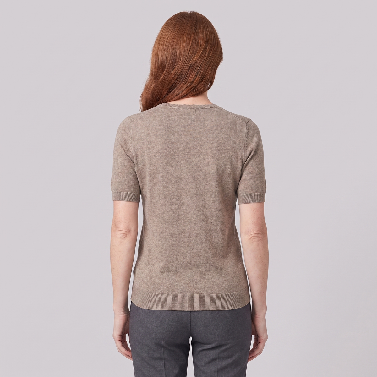 Elysia V-neck knit top in taupe, back view on model