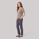 Elysia V-neck knit top in taupe, side view on model