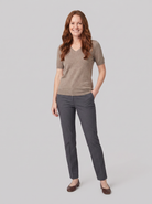 Elysia wool-blend V-neck knit top in taupe on model