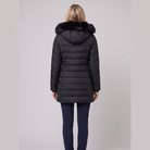Evara lightweight hooded puffer jacket in black, back view on model