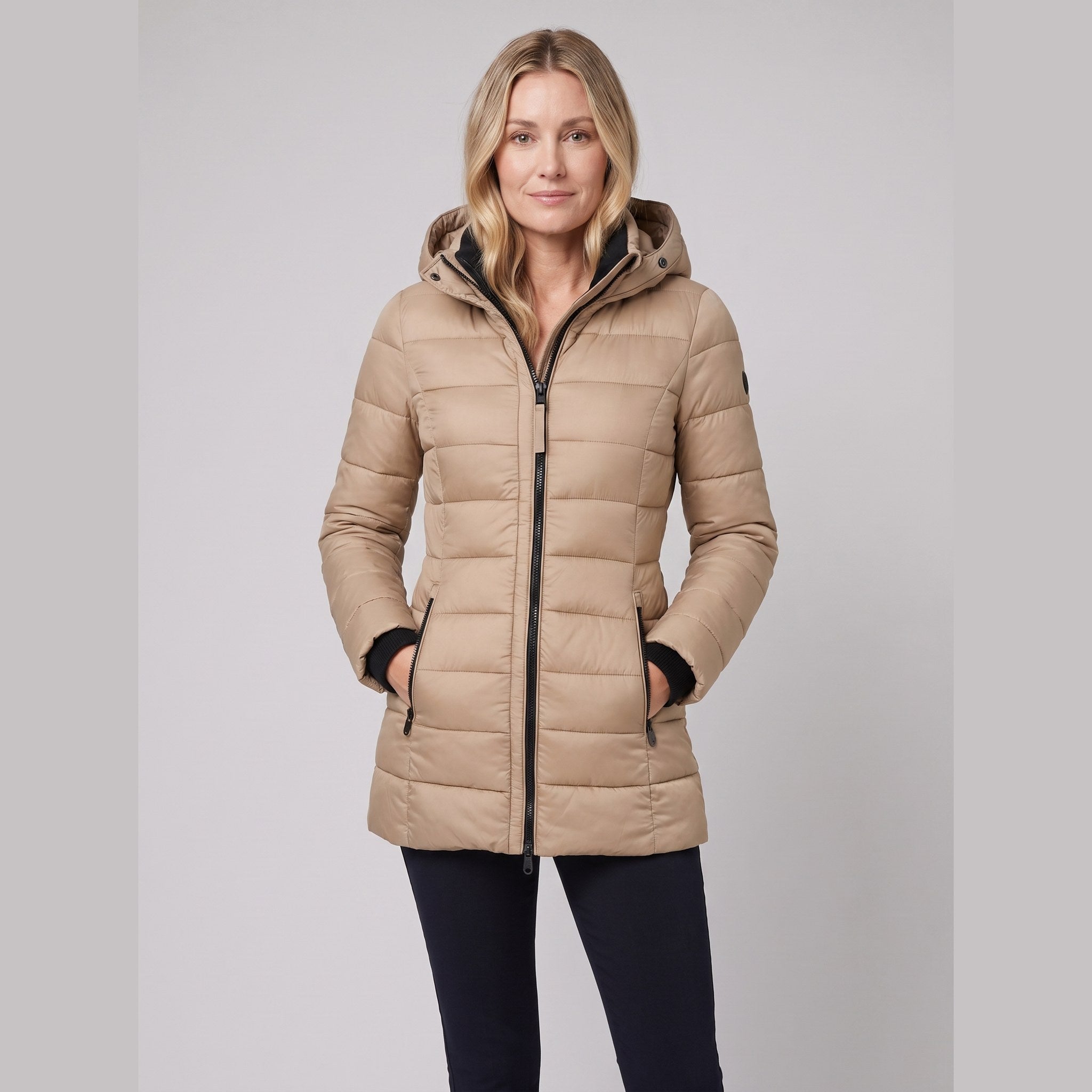 Evara lightweight hooded puffer jacket in camel on model