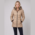 Evara lightweight hooded puffer jacket in camel on model
