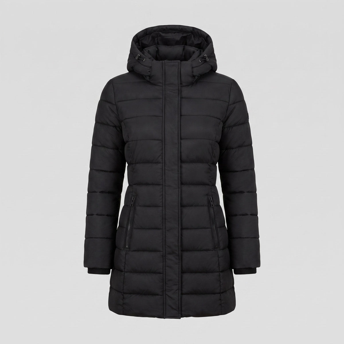 Evara lightweight hooded puffer jacket in black, flat lay product shot