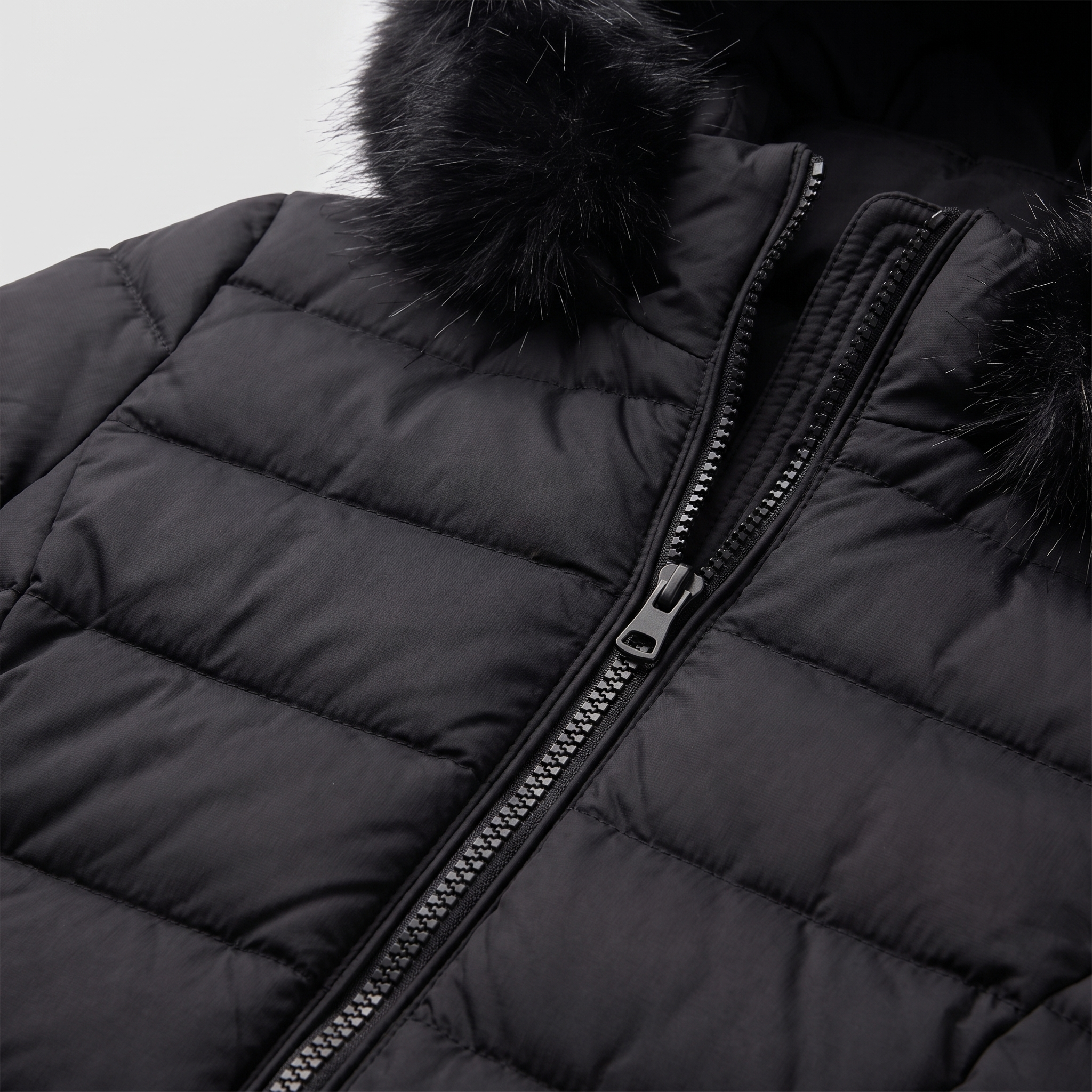 Evara puffer jacket quilting, zip and fur hood trim close-up