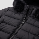 Evara puffer jacket quilting, zip and fur hood trim close-up