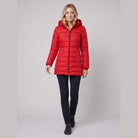 Evara lightweight hooded puffer jacket in red on model