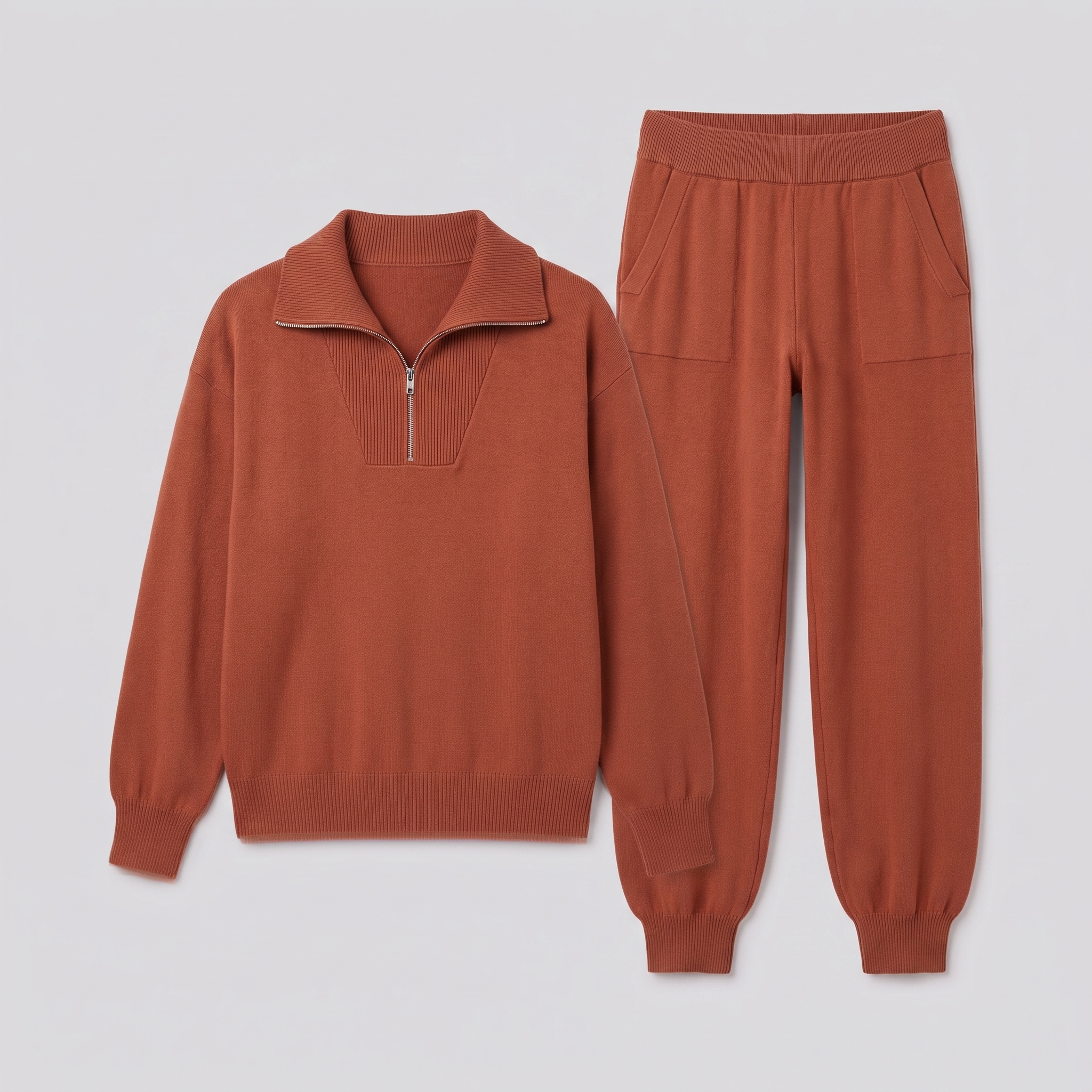 Fjorda half-zip knit lounge set in rust, flat lay product shot