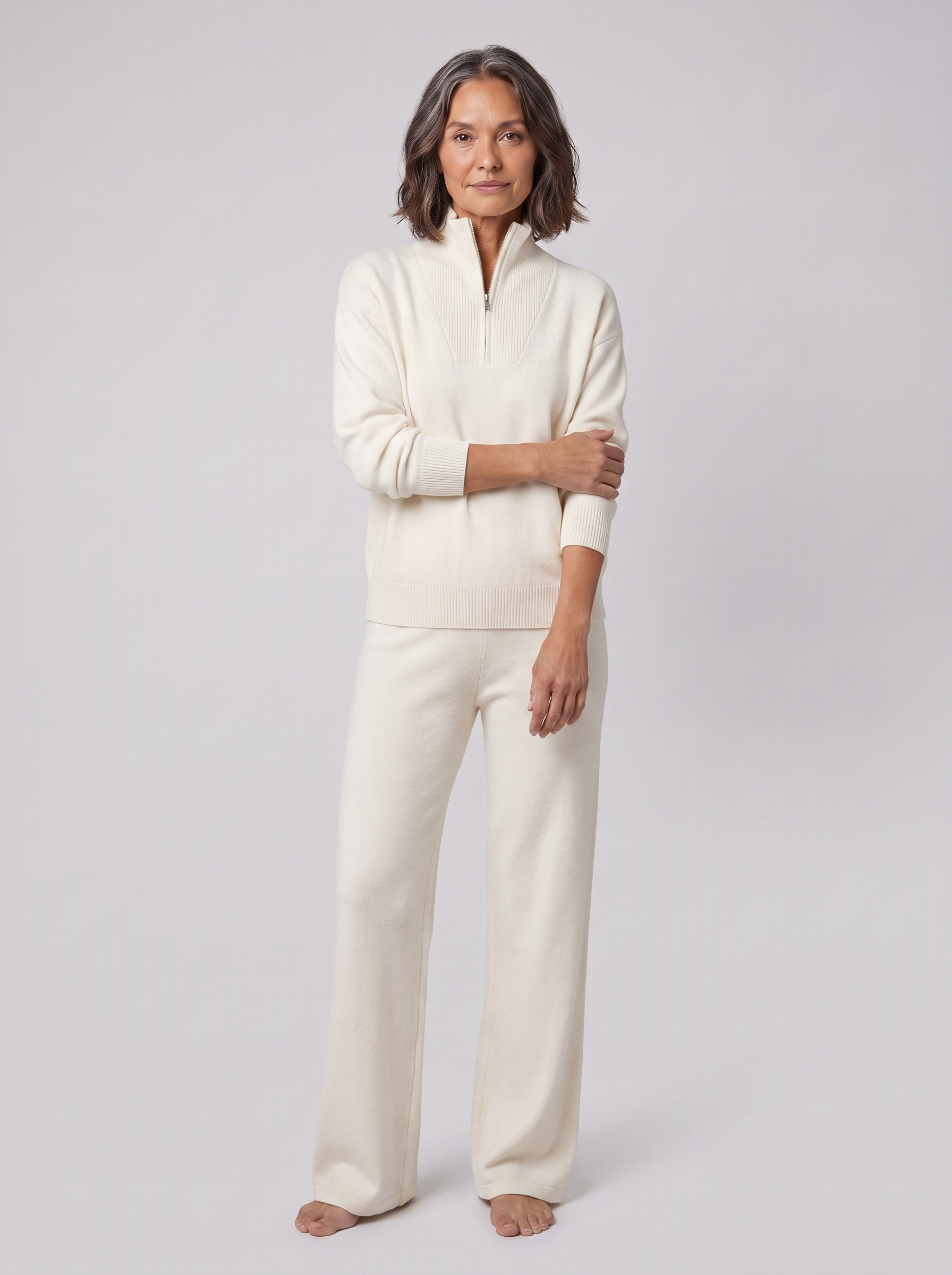 Fjorda half-zip knit lounge set in cloud white on model