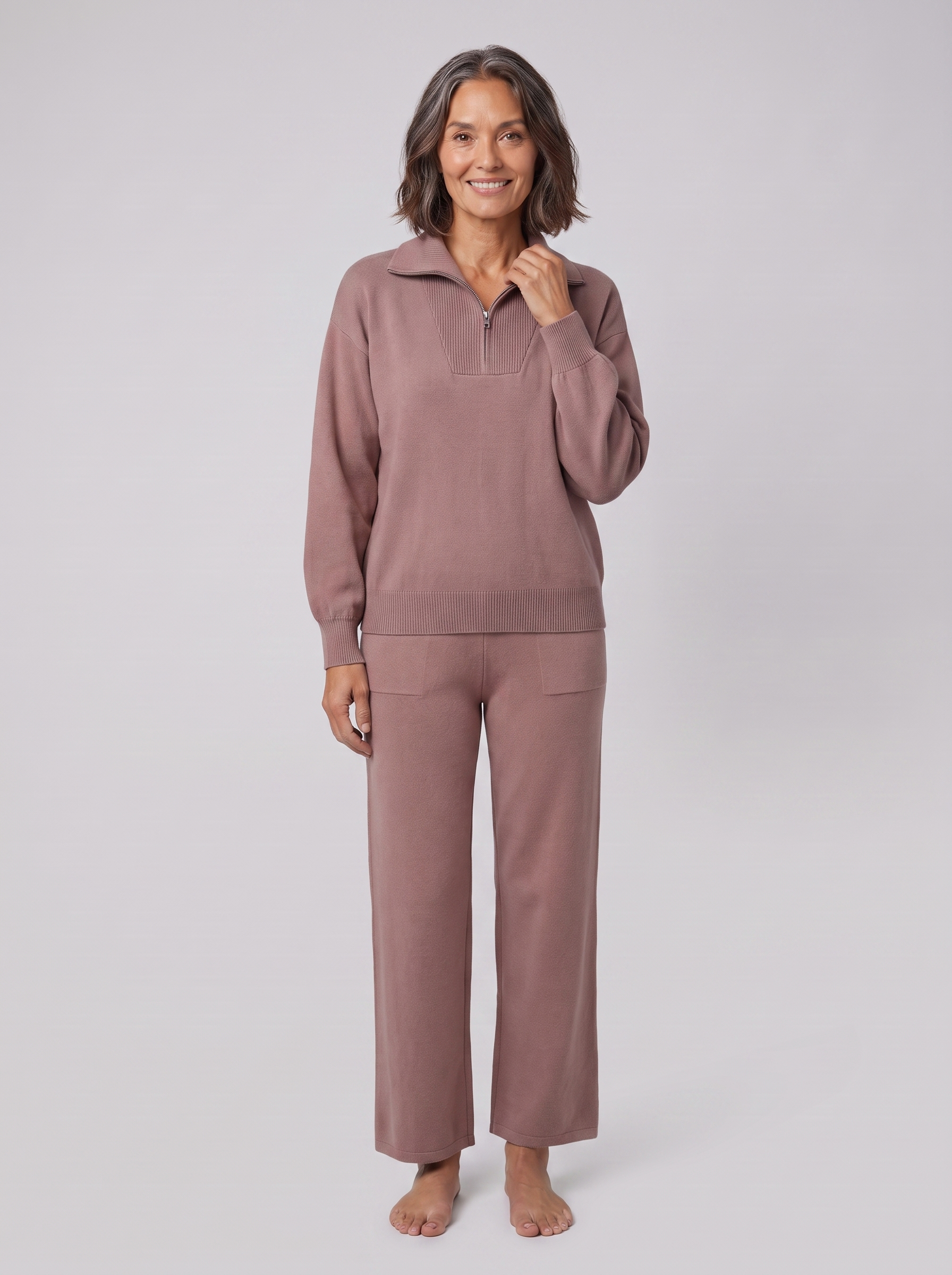 Fjorda half-zip knit lounge set in dusk mauve on model