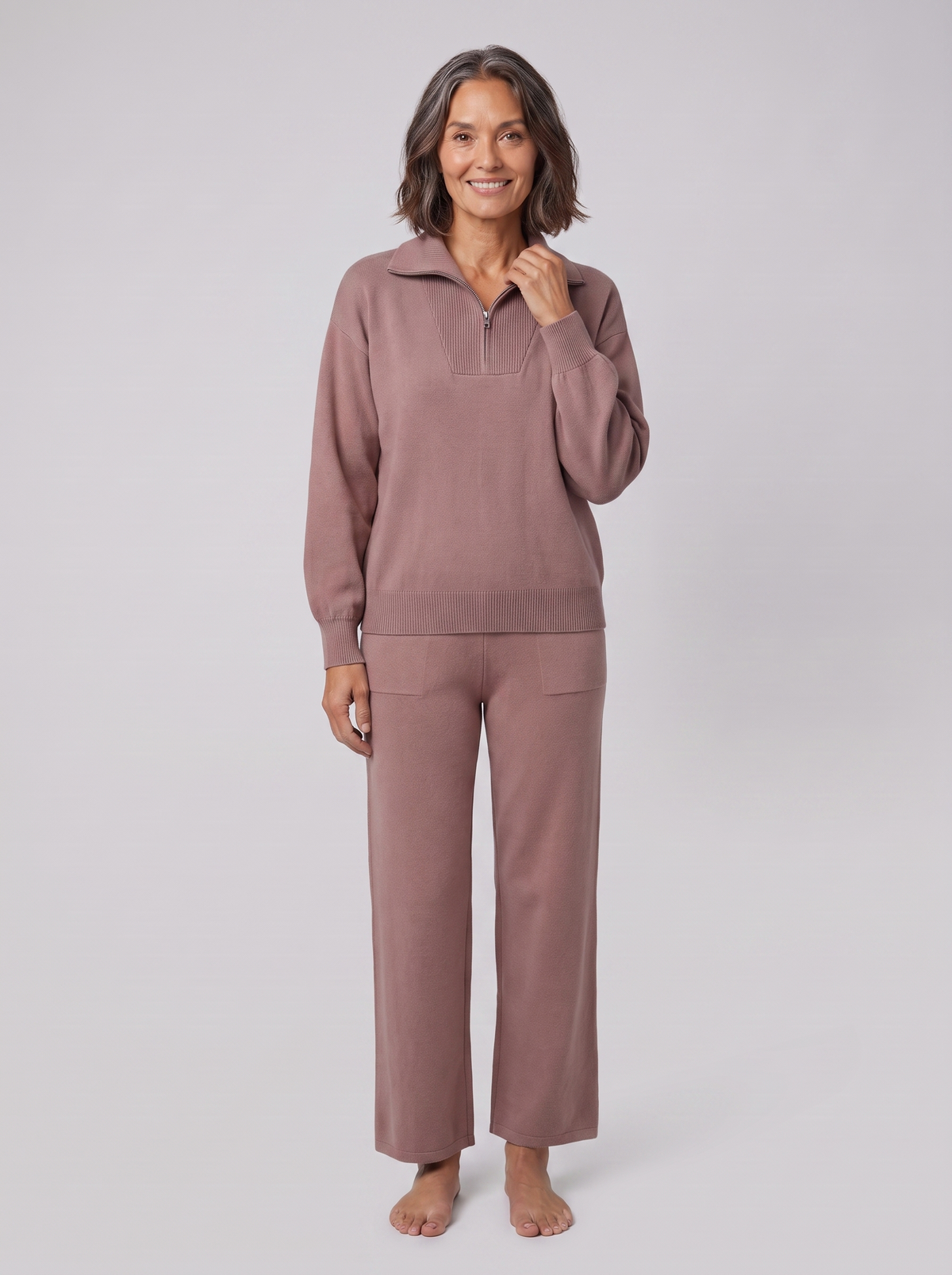 Fjorda half-zip knit lounge set in dusk mauve on model