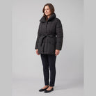 Haven belted puffer coat in black on model