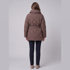 Haven belted puffer coat in brown, back view on model