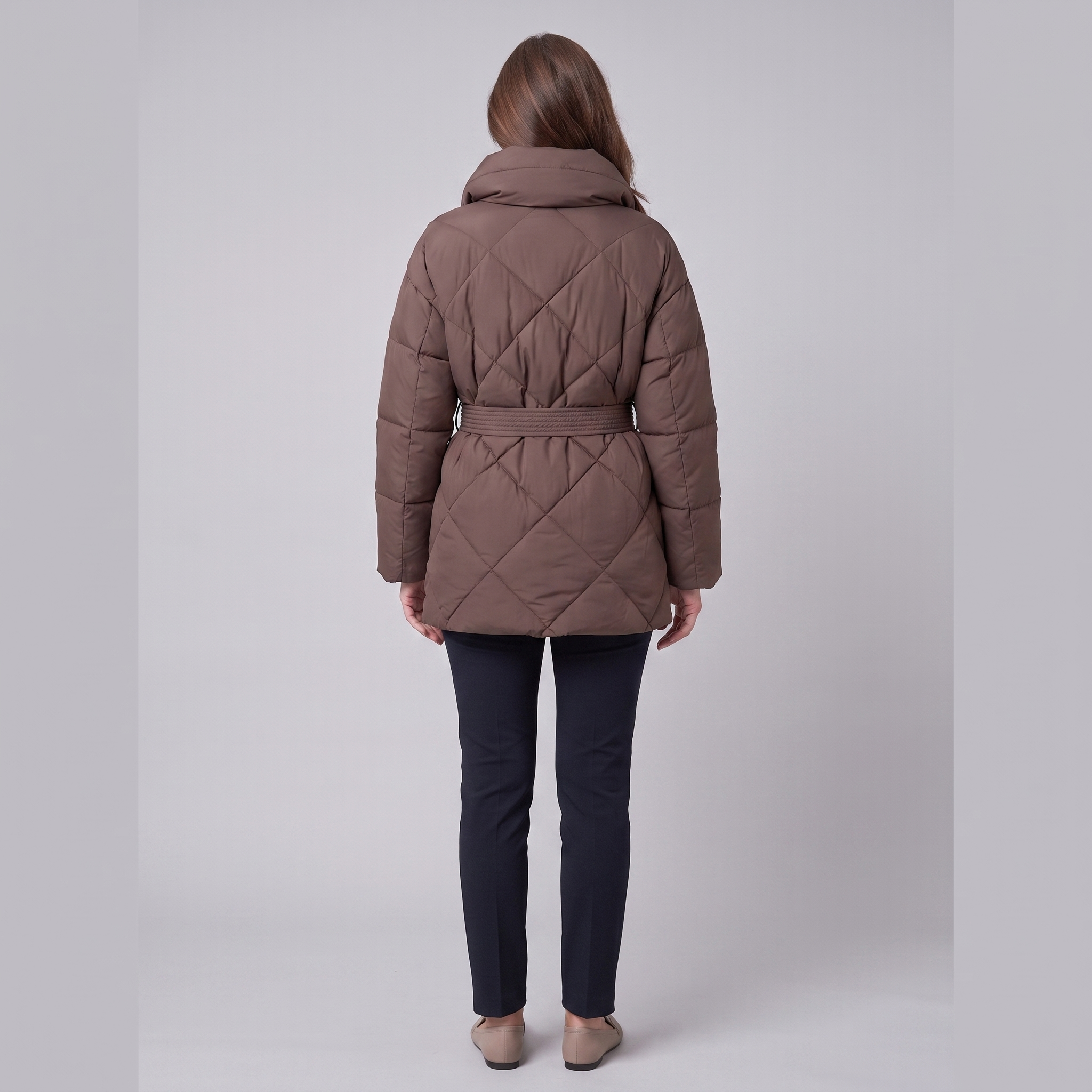 Haven belted puffer coat in brown, back view on model